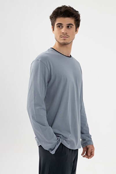 koza iç giyim طقم بيجامة رجالي من القطن برقبة مزدوجة وأكمام طويلة مع تفاصيل جيب