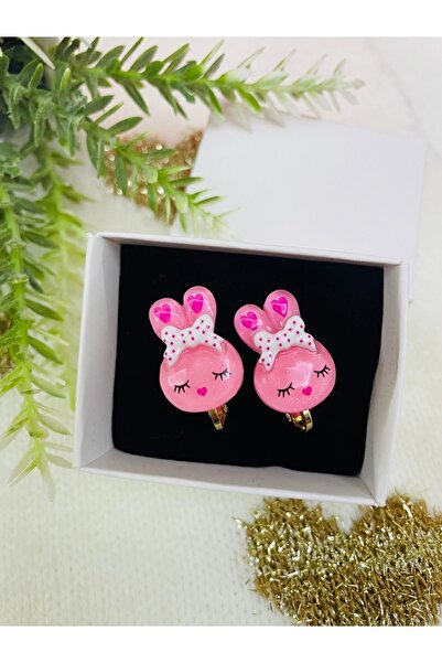 1PARÇAMAVİ Pembe Tavşan vidalı sıkmalı klipsli çocuk küpesi - delik gerektirm...