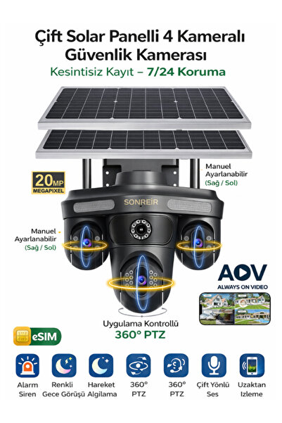 SONREİR S2 E-SIM Çift Solar 4 Kameralı Güvenlik Kamerası AOV PTZ Hareketli Ge...