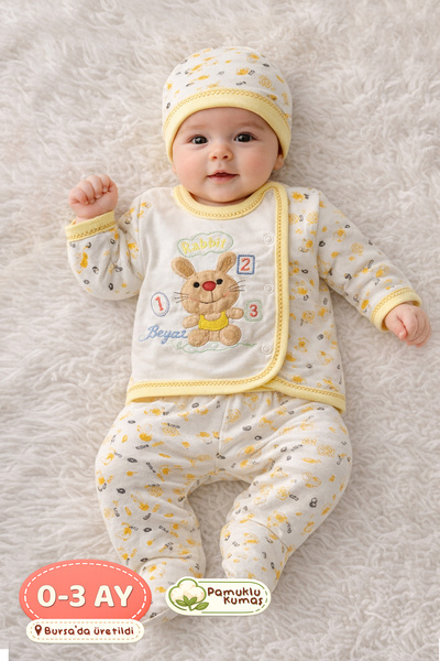 Onouqo طقم أطفال أصفر مكون من 3 قطع مع قبعة لحديثي الولادة - قطن، قماش ناعم ا...