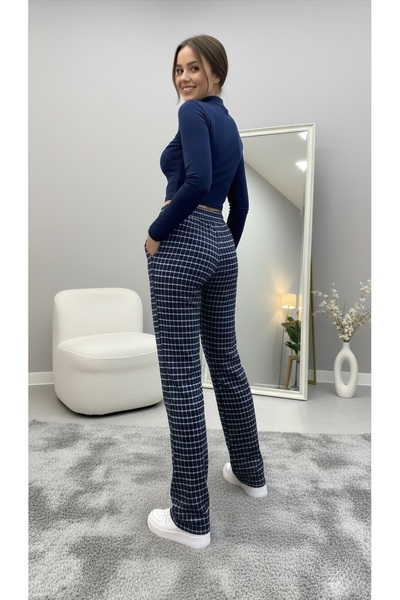 Miyalon Beli lastikli ekoseli eşofman altı bol paça Pantolon