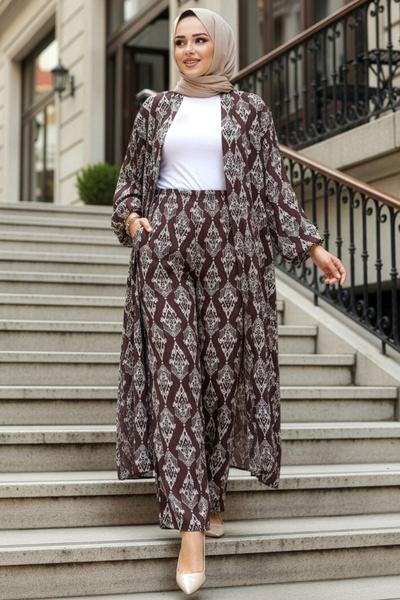 N.S NEVA STYLE طقم كيمونو مزدوج بحجاب بني منقوش 12888KH