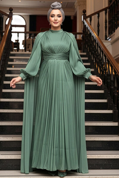 N.S NEVA STYLE - Rochie de seara verde hijab cu pelerina 5447Y