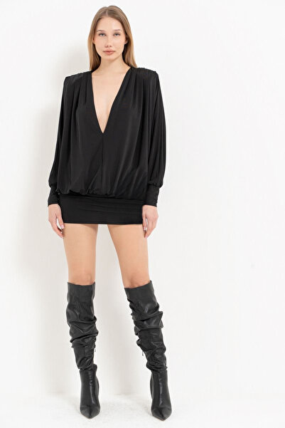 Kikiriki Siyah Yarasa Kollu V Yaka Mini Elbise