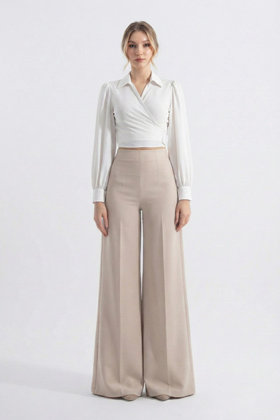 HOX'S بنطلون بالازو دانتيل عالي الخصر من أودري - بيج