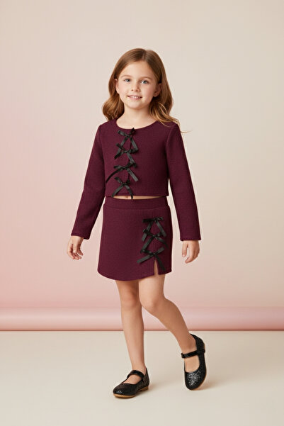 Le Mabelle Burgundy Bow Detailed Girls' Skirt Jacket Set - Silvana