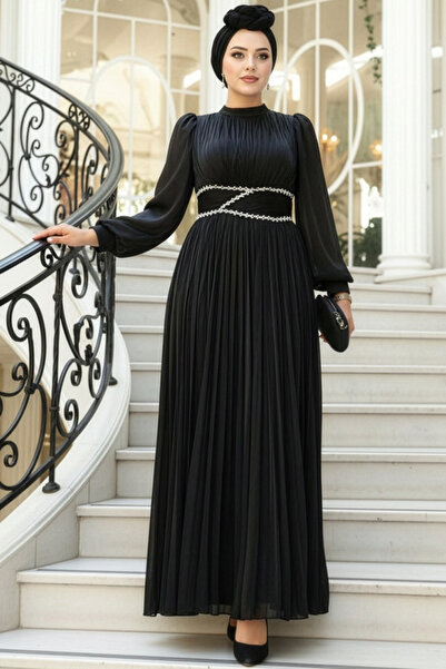 N.S NEVA STYLE Βραδινό φόρεμα μαύρο χιτζάμπ με λεπτομέρεια ντραπέ 54041S