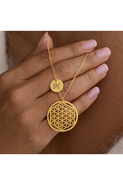 Soleildor 925 ayar Orijinal Gümüş Yaşam Çiçeği Harfli Disk Gümüş Kolye