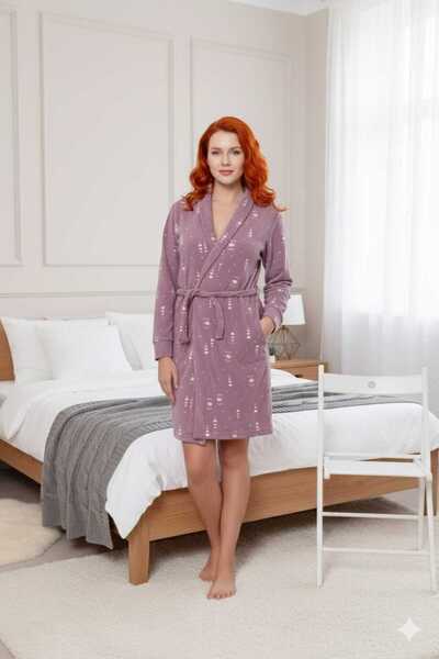 Asel Women's Lilac Color Heart Pattern Fleece Dressing Gown