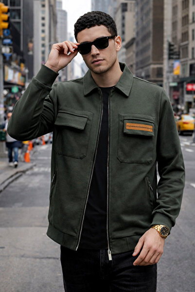 BESSA Men's Khaki Bomber Jacket - Zip-Up, Lining and Flap Pockets