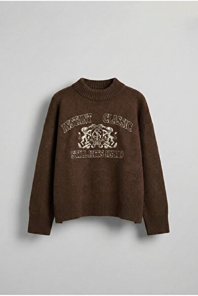 ablukaonline Pulover pentru bărbați, oversize, cu gât rotund, brodat, maro