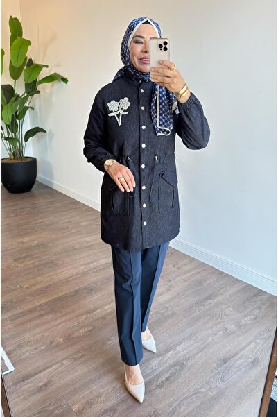 Puane Çiçek Detaylı Beli Büzgülü Denim Tunik - Lacivert