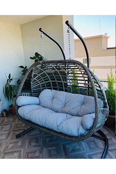 Niron Balina Rattan Çiftli Salıncak - Bahçe Ve Balkon Salıncağı - Minderli Ve...