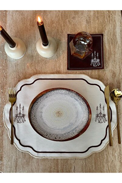 LİONYA DESİGN 4 Parça 2 Kişilik Şamdan Nakışlı Sofra Seti (2 Amerikan Servisi...