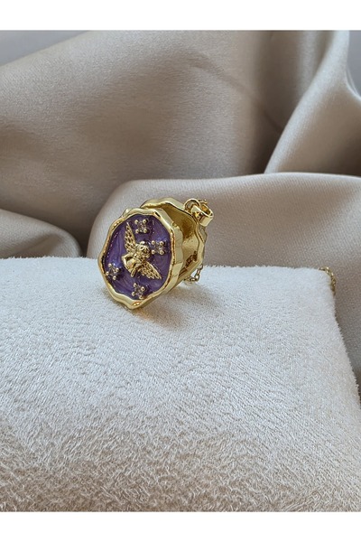 Glowa Açılır Melek Figürlü Madalyon Çelik Kolye Mor -gold