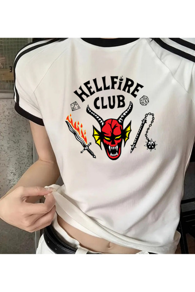 Touz Moda Hellfire Club Printed Raglan Sleeve White Crop