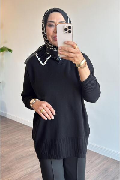 Touche Kroşe Detaylı Triko Kazak - Siyah
