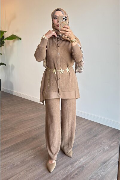 Armine Düğme Detaylı Pantolonlu Takım - Camel
