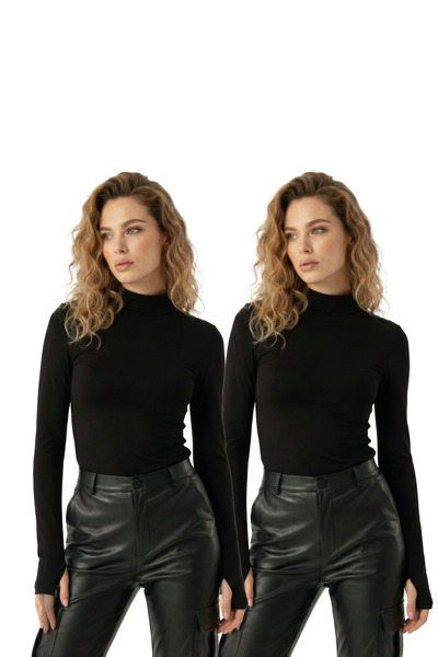 uyguntarz Schwarzer Damen-Body mit Fingerdetails und halbem Rollkragen, 2-teilig