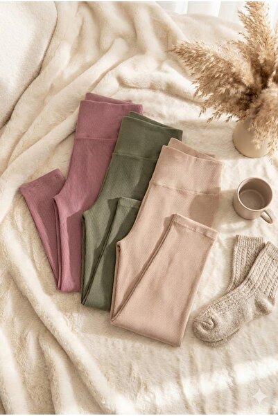 ROZELT Women's Beige Khaki Plum 3-Pack High Waist Casual Tights Dalgıç Corded...