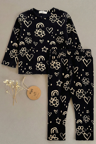 Cigit Costum sezonier cu nervuri cu model negru pentru fete de 1-8 ani