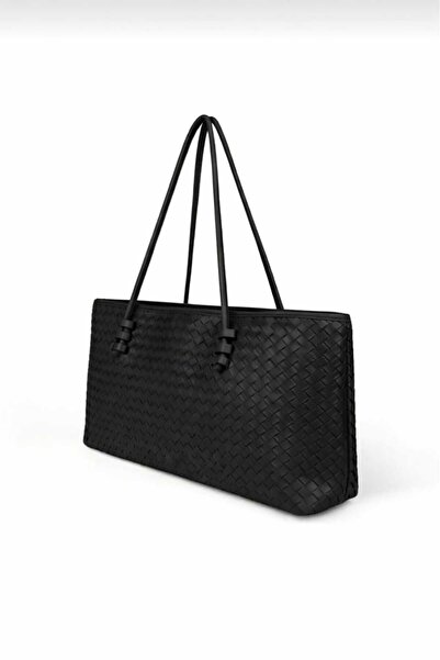 ÖZÜM TAKI Women's Zippered Knitted Detail Baguette Hand and Shoulder Bag Black