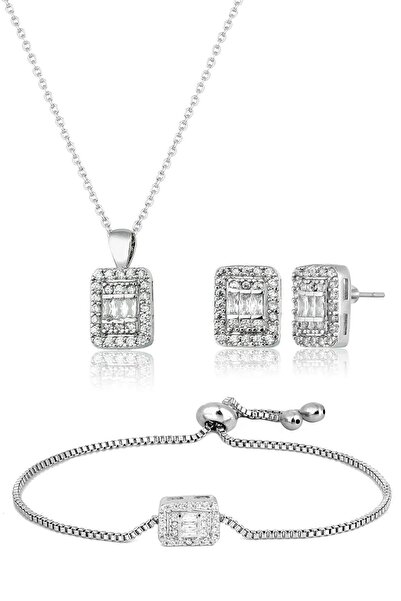 anadolusilver Zirkon Taşlı Kadın Baget Taşlı Kolye Küpe Bileklik Set 45 Cm