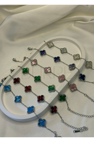 stainles steel Paslanmaz Çelik Silver 6’lı Sedefli Çift Taraflı Yonca Bilekli...