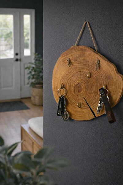 Rustikhane Doğal Ahşap Masif Kütük Dilimi Anahtarlık Askı El Yapımı Dekoratif...