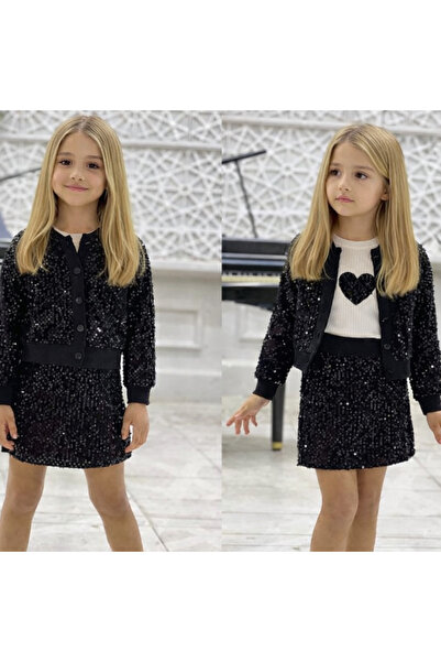 ÖZNUR Kalp Nakışlı Pullu Ceketli Üçlü Kız Takım