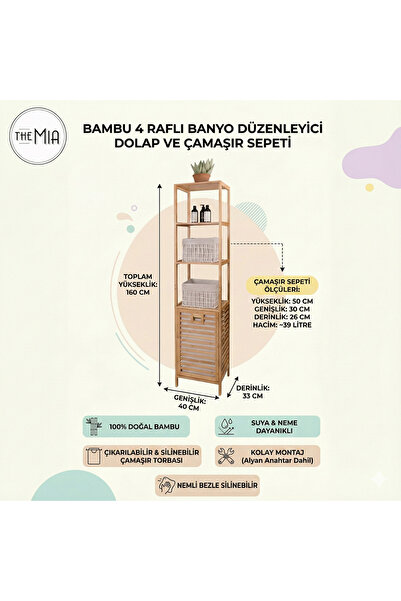 RİVO HOME DECOR The Mia 100% Doğal Bambu 4 Raflı Banyo Dolabı 39 Litre Çamaşı...