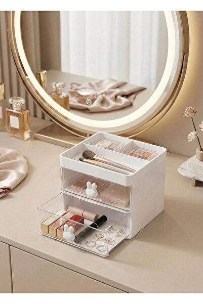 Reona 2 Çekmeceli Makyaj Organizeri – 5 Bölmeli Kozmetik, Fırça & Takı Kutusu