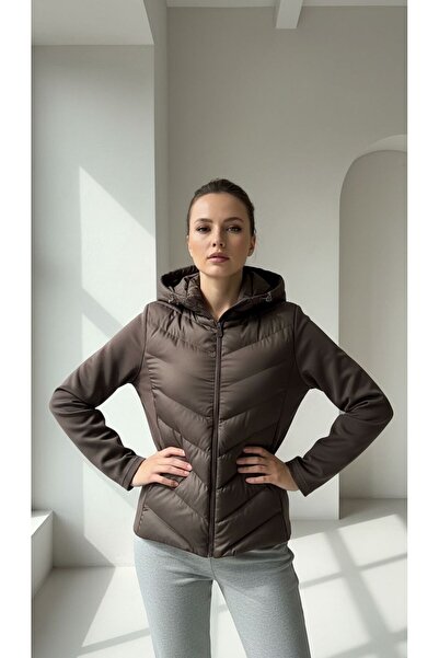 Moda Banuş Brown Range Rover Mom Hooded Sports Inflatable Coat Scuba Arm Wais...