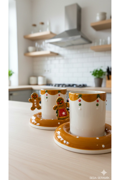 seda seramik El Yapımı Kurabiye 4 Parçalı 2 Kişilik Seramik Kahve Fincanı Tak...