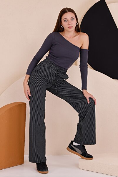 Mijja Kadın Siyah Yüksek Bel Beli Lastikli Bağcıklı Çizgili Bol Paça Wide Leg...