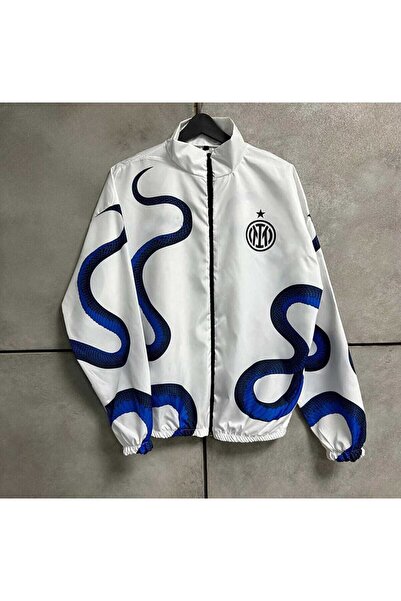 Lushen Beyaz Yılan Desenli Unisex Dijital Baskı Paraşüt Kumaş Oversize Baskılı Siyah Rüzgarlık Yağmurluk