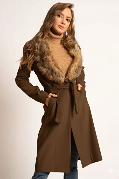 KASİDE Γυναικείο παλτό σε καφέ γούνινο γιακά