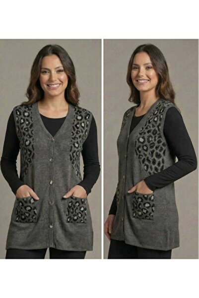 onno style woman Silvery Leopard Print Knitwear Classic Buttoned Vest