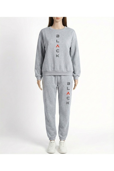 LELVANİ Black Letter Print Top and Bottom Tracksuit Set