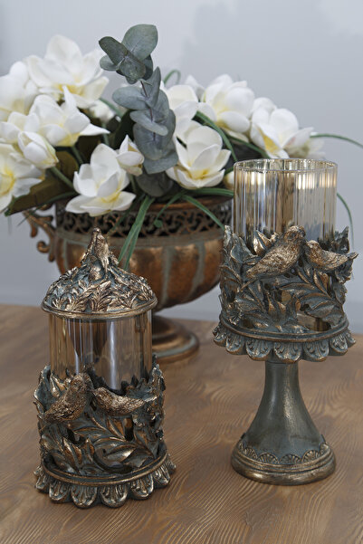 Genel Markalar Şık Klasik Kuşlu İkili Şamdan, Zarif ve Şık Dekoratif Aksesuar