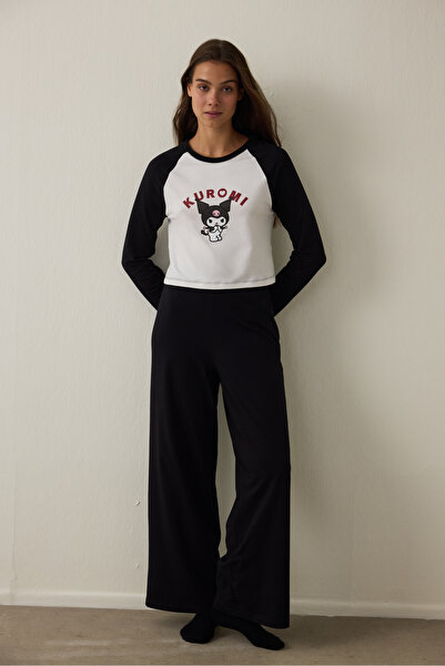 Penti Off-White Kuromi Printed Boat Neck Cotton Long Sleeve Pajamas Set