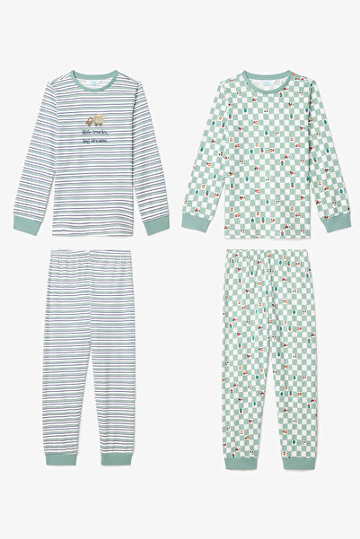 Penti Off-White Boys' Little Truck Striped Cotton Long Sleeve 2-Piece Pajama Set