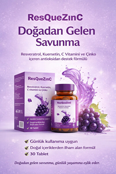 RESQUEZİNC 30 TABLET 250 MG RESVERATROL 100 MG KUERSETİN C VİTAMİNİ VE 15 MG ...