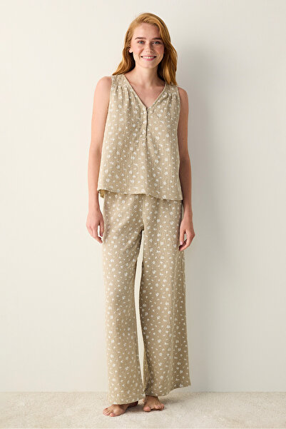 Penti Baumwoll-Musselin-Pyjama-Oberteil mit Blumenmuster in Hellgrün