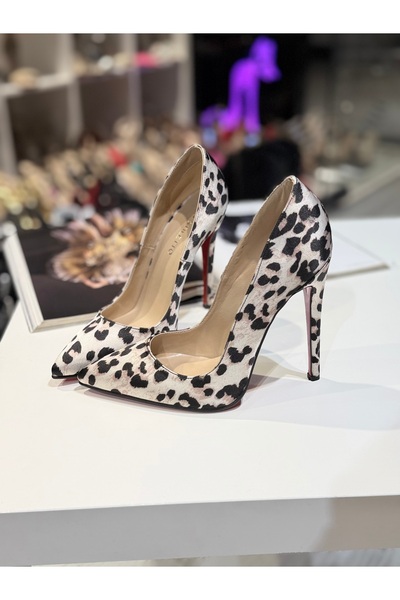 New Stiletto Store Leopar saten bej 12 cm topuk