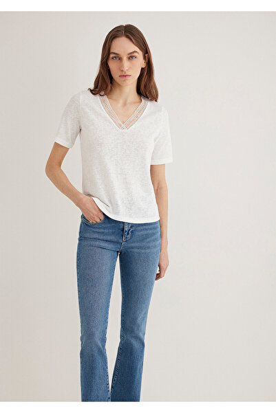 Mavi Lace Detailed V-Neck White T-Shirt Regular Fit 1613130 -70057
