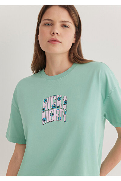 Mavi Rick And Morty Baskılı Yeşil Tişört Loose Fit / Bol Rahat Kesim 1613256-...