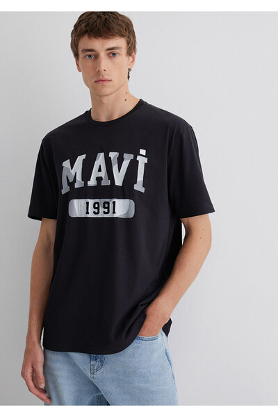 Mavi 1991 Bedrucktes schwarzes T-Shirt mit lockerer Passform / lockerer, ents...