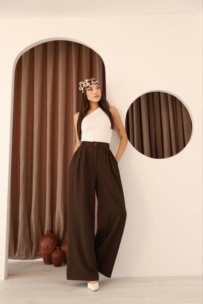 Leo Ferre بنطلون نسائي بني بثلاث طيات واسع الساق بنطلون واسع الأرجل