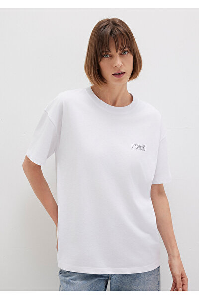 Mavi Logo Baskılı Beyaz Tişört Loose Fit / Bol Rahat Kesim 1611309-620